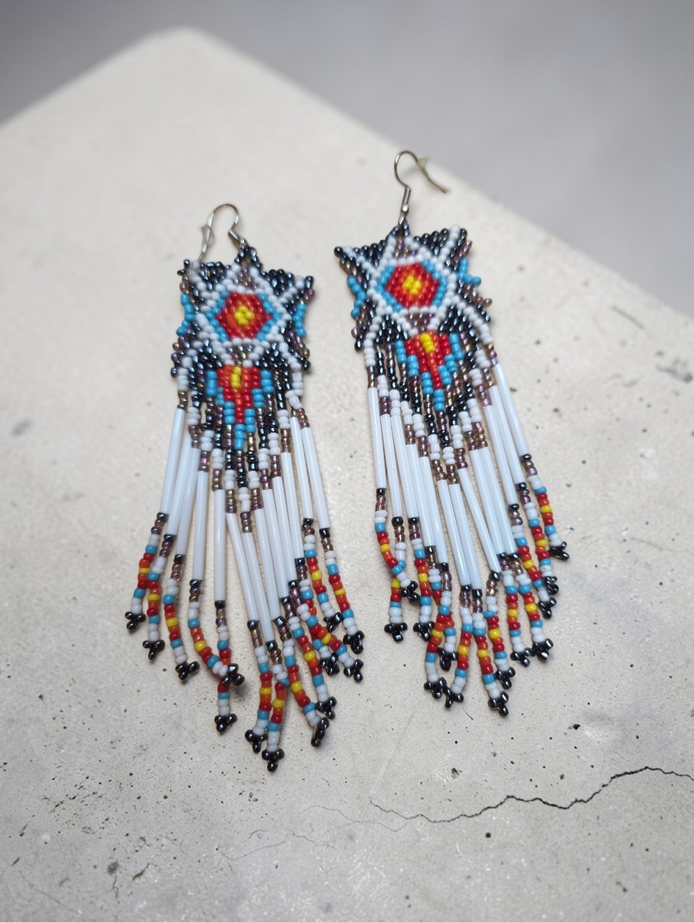 Handmade Beaded Fringe Earrings in White, Red & Turquoise